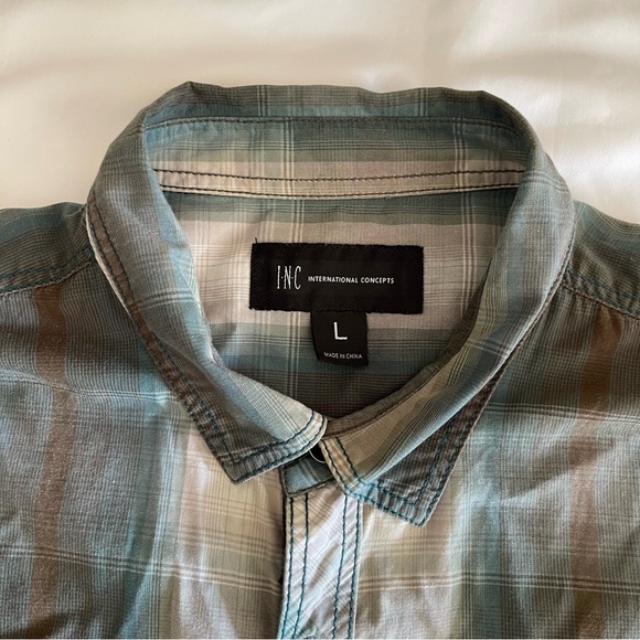 INC International Concepts Grey and Green Plaid Long Sleeve Collared Shirt - Picture 4 of 5